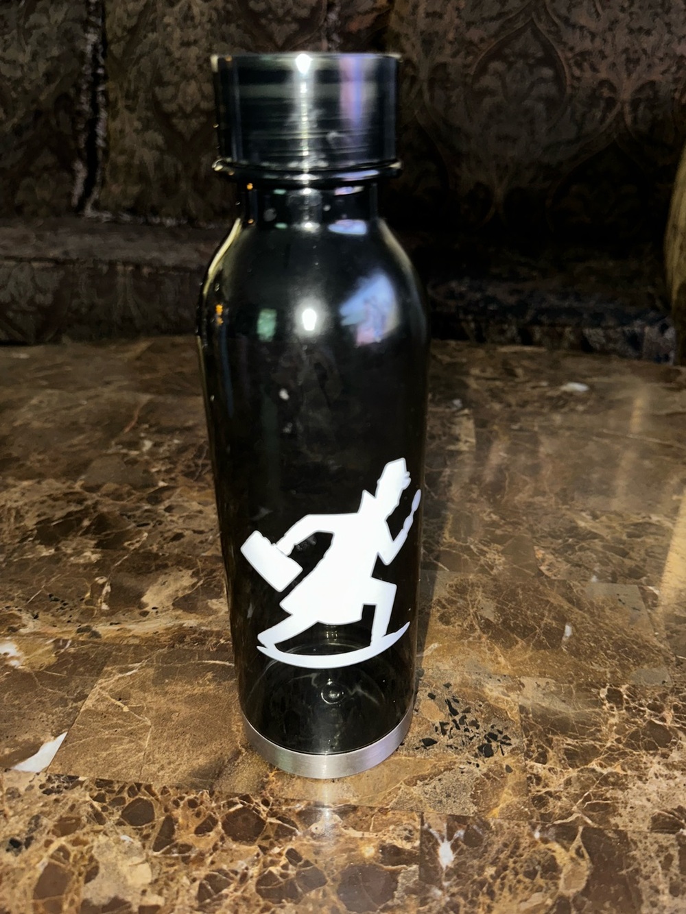 Black Water Bottle with White Runner Graphic - Escape Room water bottle